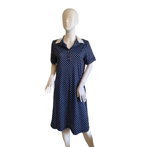 Vintage 70's NPC Fashion Women's Blue White Polka Dot Dress Size M - Picture 1 of 4